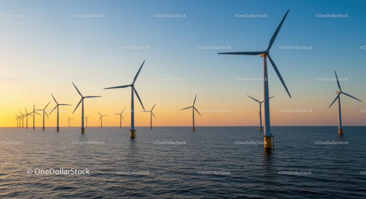 Offshore Wind Turbines at Sunset Over Calm Sea
