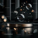 Futuristic Floating Spheres and Golden Cubes on Dark Background