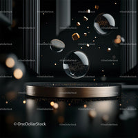 Futuristic Floating Spheres and Golden Cubes on Dark Background