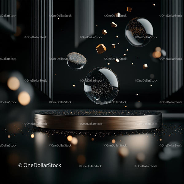 Futuristic Floating Spheres and Golden Cubes on Dark Background