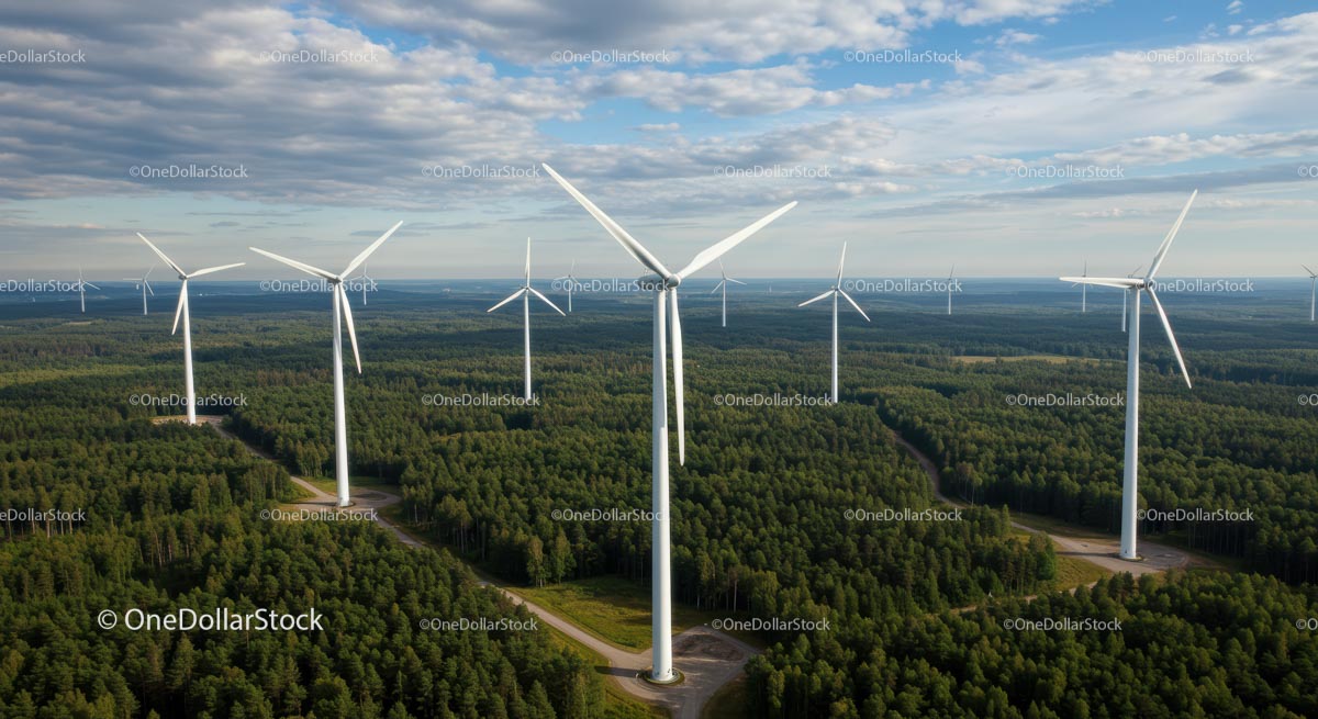 Widok z lotu ptaka na turbiny wiatrowe w bujnym krajobrazie leśnym