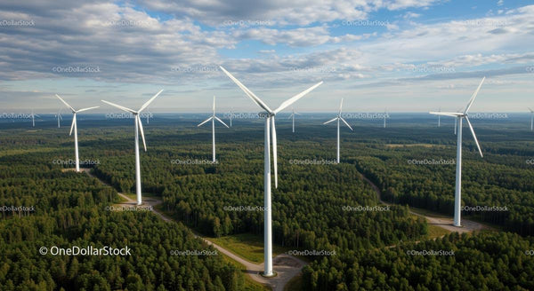 Widok z lotu ptaka na turbiny wiatrowe w bujnym lesie