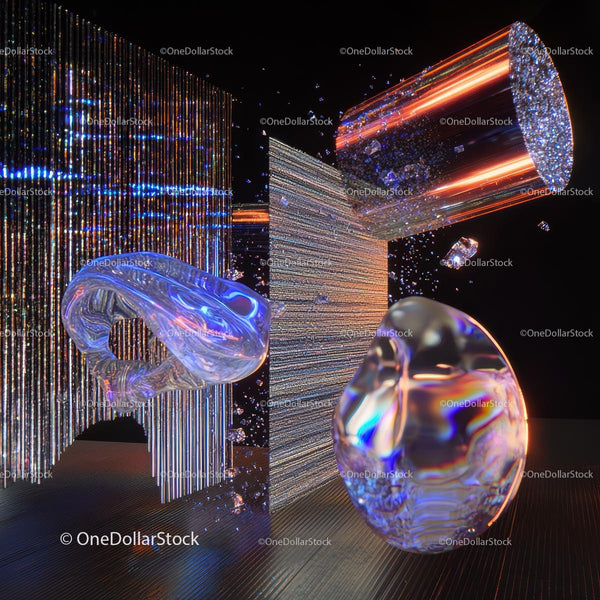 Futuristic 3D Glass Sculpture with Reflective Neon Lights