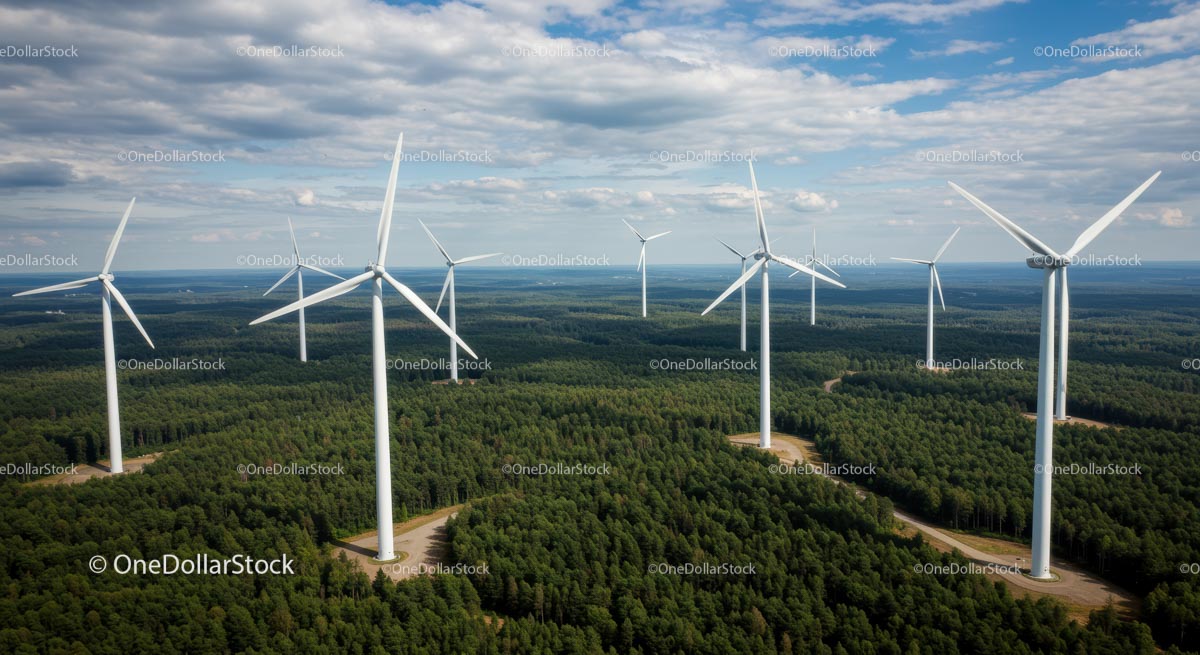 Turbiny wiatrowe nad bujnym zielonym krajobrazem leśnym