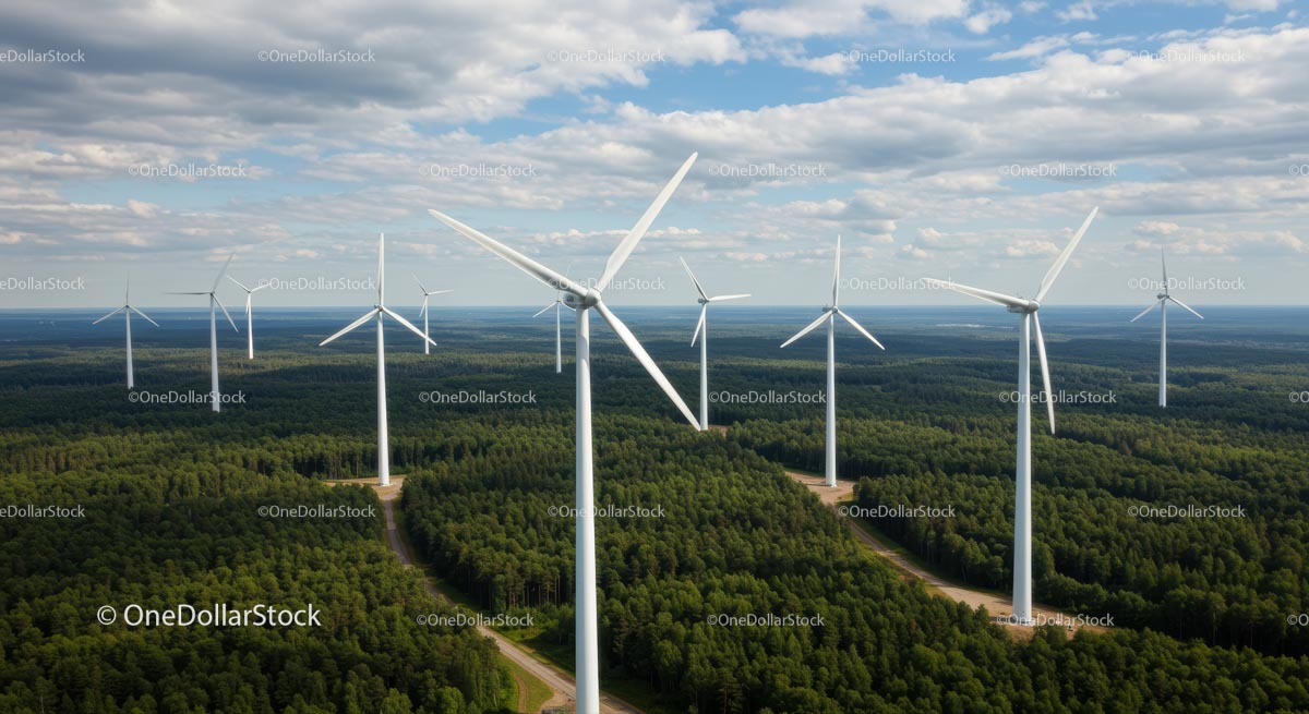Widok z lotu ptaka na turbiny wiatrowe w zielonym krajobrazie leśnym