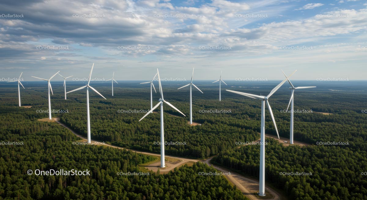 Wind Turbines in Lush Green Forest Under Blue Sky