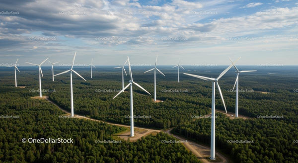 Turbiny Wiatrowe w Bujnym Zielonym Lesie pod Błękitnym Niebiem