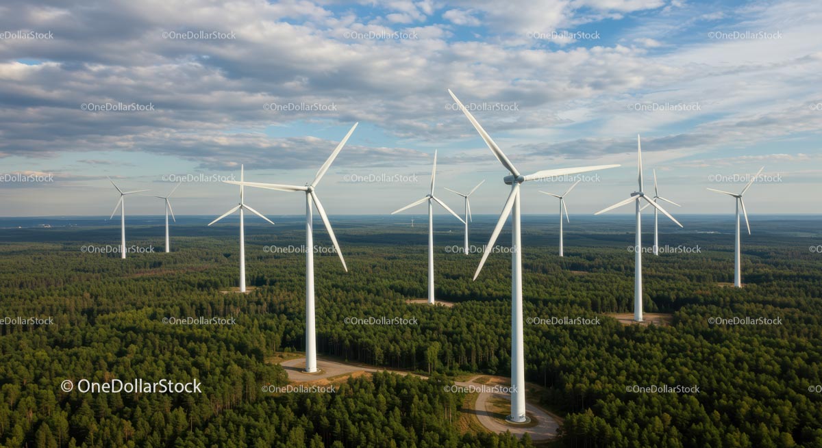 Wind Turbines Over Green Forest on a Clear Day