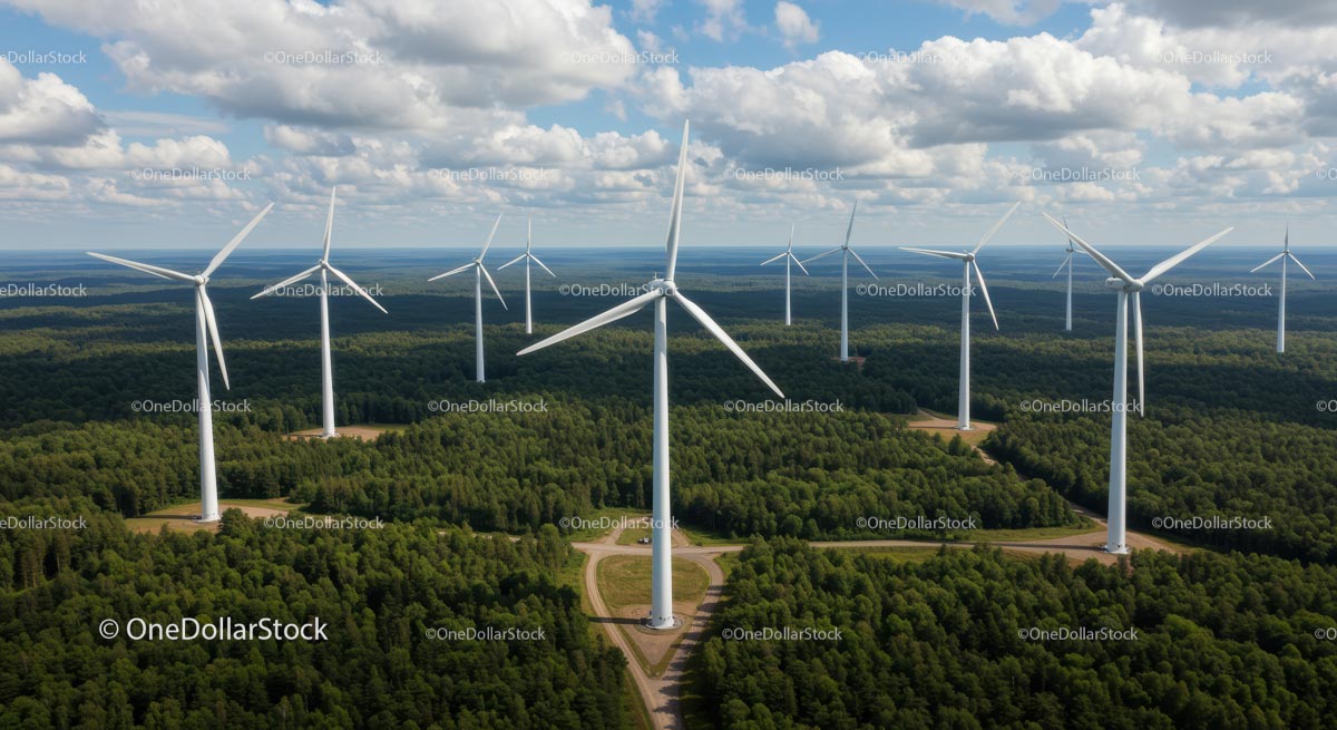 Turbiny wiatrowe w bujnym zielonym lesie z błękitnym niebem