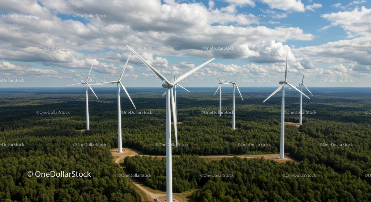 Aerial View of Wind Turbines in Lush Green Forest