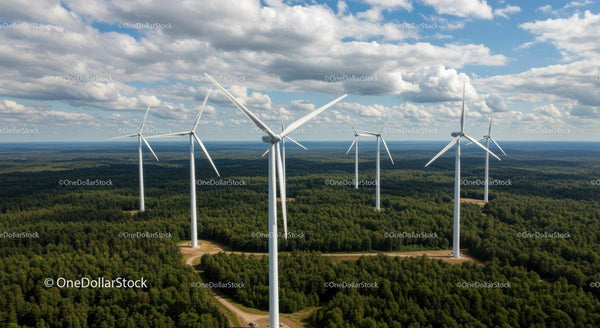 Widok z lotu ptaka na turbiny wiatrowe w bujnym zielonym lesie