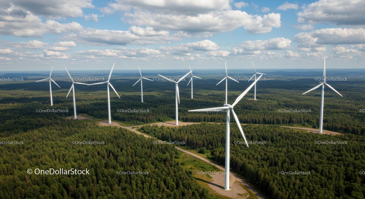 Turbiny wiatrowe w bujnym zielonym krajobrazie leśnym