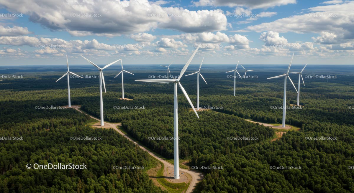 Aerial View of Wind Turbines Amidst Green Forest