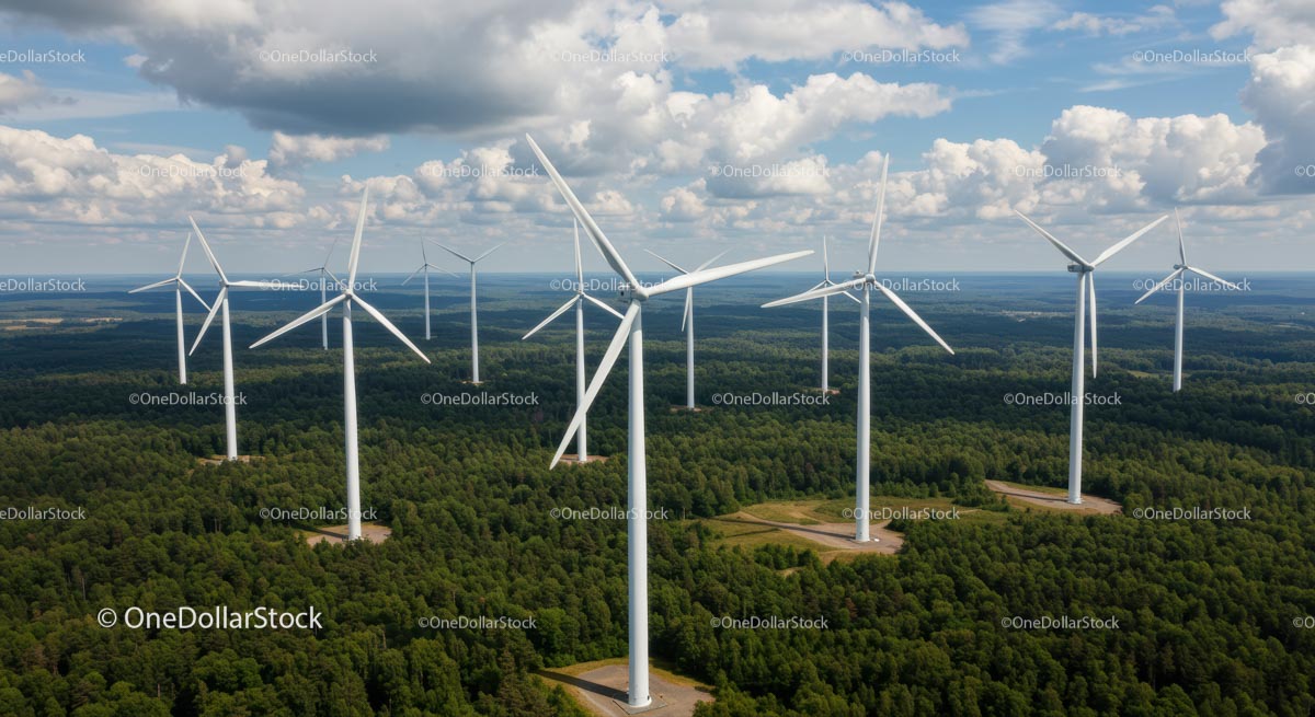 Turbiny wiatrowe nad zielonym krajobrazem leśnym