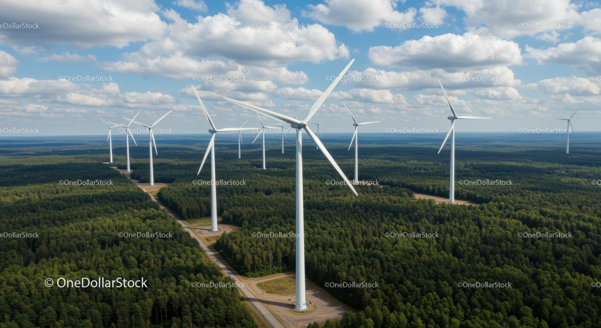 Wind Turbines in Lush Green Forest Landscape