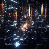 Futuristic Glowing Spheres in Abstract Metallic Space