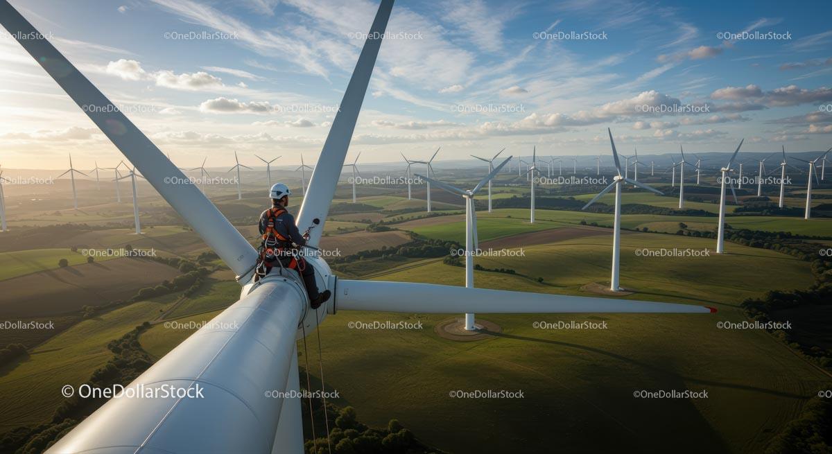 Technik dokonujący inspekcji turbiny wiatrowej w bujnym zielonym krajobrazie