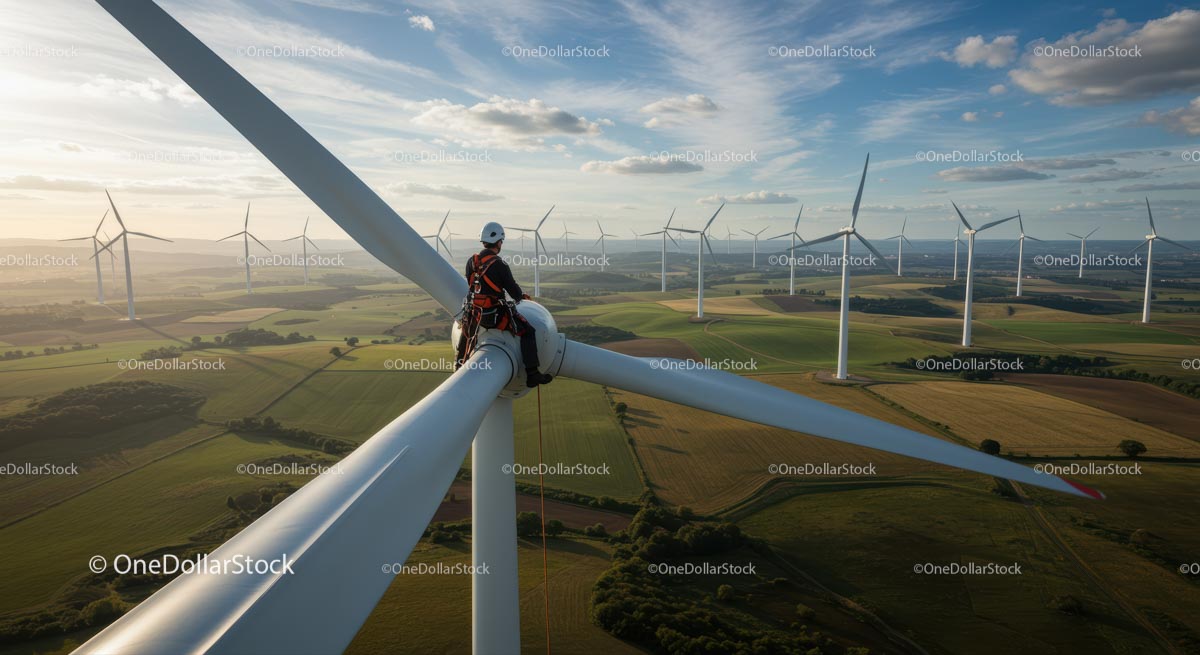 Technician on Wind Turbine Overlooking Expansive Wind Farm