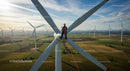 Wind Farm Technician Maintaining Turbine in Vast Open Field