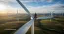 Technician Inspecting Turbine Blades at Sunset