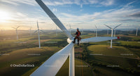 Technician Inspecting Turbine Blades at Sunset