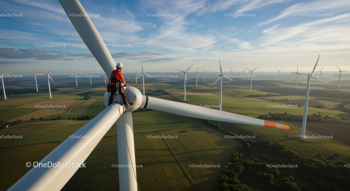 Technician Maintains Wind Turbine at Wind Farm in Countryside