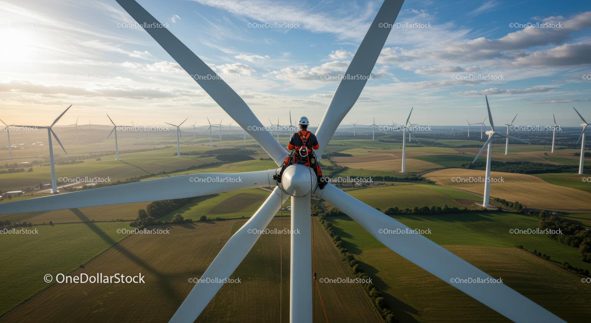 Engineer on Wind Turbine Overlooking Vast Wind Farm