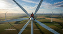 Engineer on Wind Turbine Overlooking Vast Wind Farm