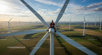 Engineer on Wind Turbine Overlooking Vast Wind Farm