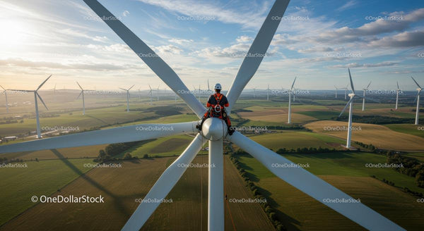 Engineer on Wind Turbine Overlooking Vast Wind Farm