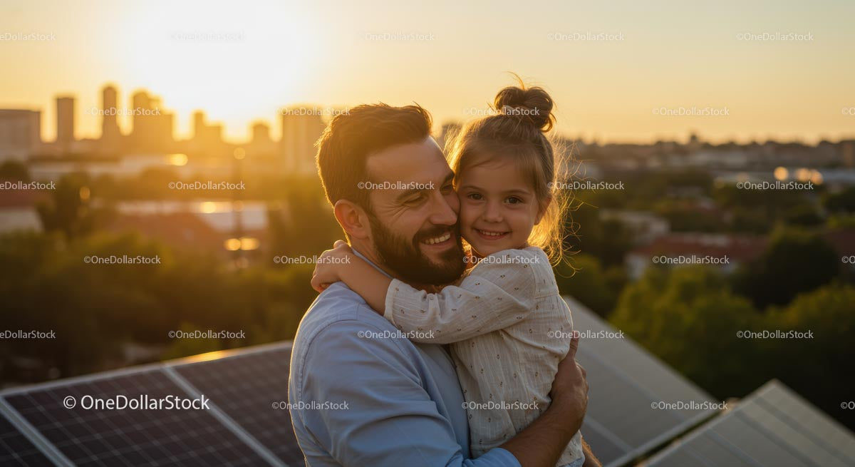 Father and Daughter Embracing at Sunset on Rooftop