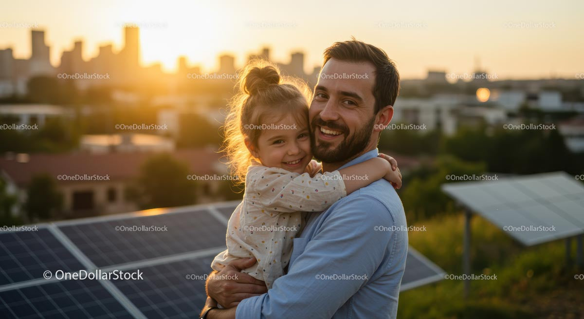 Ojciec i córka podziwiają zachód słońca na dachu solarnym