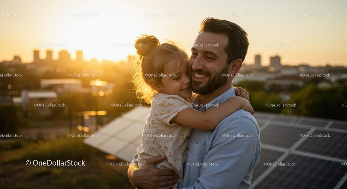 Father and Daughter Embracing at Sunset on Rooftop