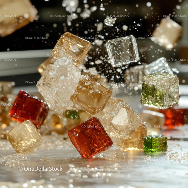 Colorful Ice Cubes in High-Speed Motion Splash