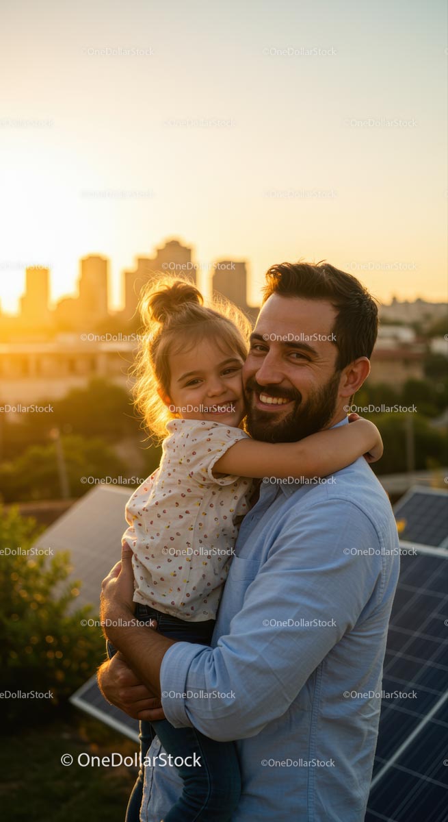 Father and Daughter Enjoying Sunset on Rooftop