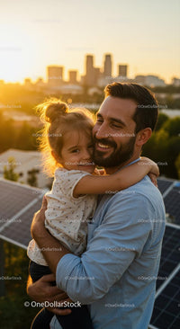 Father and Daughter Embracing at Sunset with City Skyline