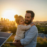 Father and Daughter Hugging on Rooftop at Sunset