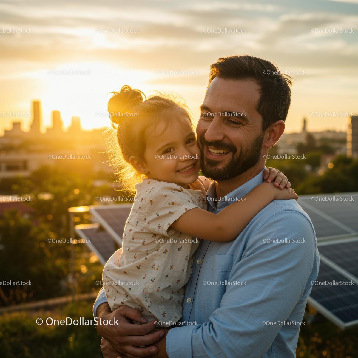 Happy Father and Daughter at Sunset with Cityscape View