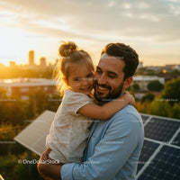 Smiling Father and Daughter Embracing on a Rooftop at Sunset