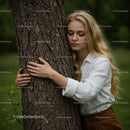 Peaceful Girl Hugging Tree in Tranquil Green Setting