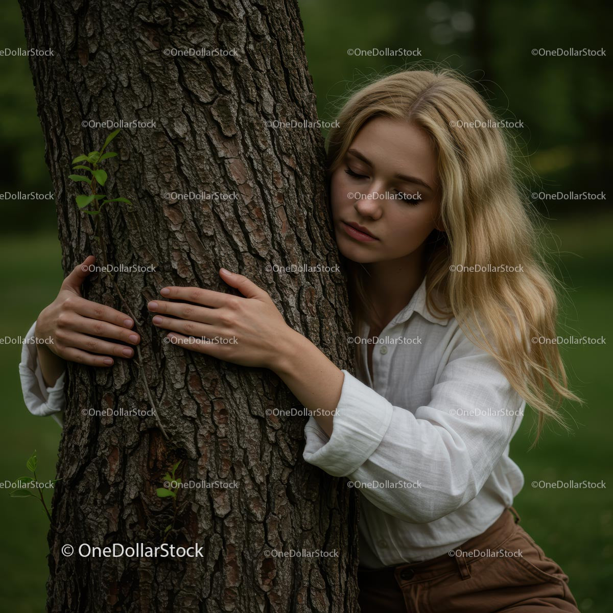 Blonde Woman Embracing Tree in Serene Forest Setting