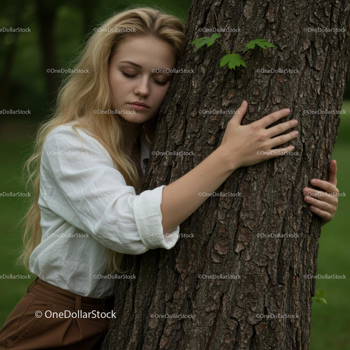 Woman Embracing Tree in Serene Woodland Setting