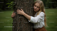 Woman Embracing Tree in Serene Green Forest
