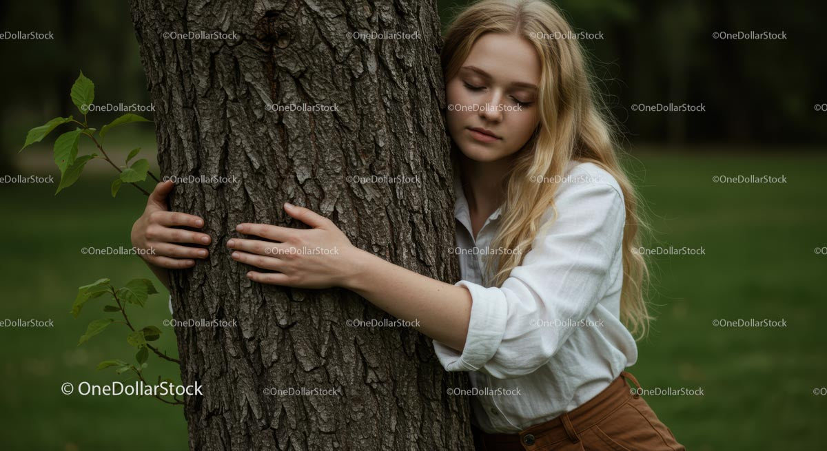 Blonde Woman Embracing Tree in Peaceful Green Park