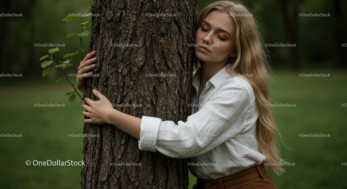 Woman Hugging Tree in Lush Green Forest