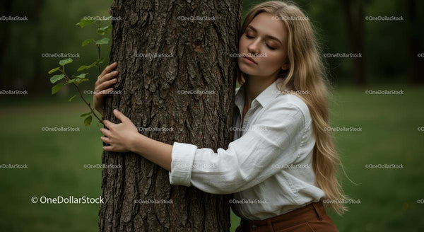 Kobieta Przytulająca Drzewo w Zielonym Lesie