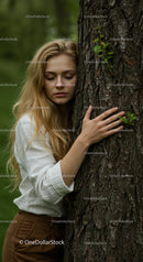 Serene Woman Embracing Tree in Tranquil Forest Setting