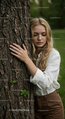 Woman Embracing Nature by a Tree Trunk
