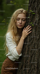 Serene Young Woman Embracing Tree in Tranquil Forest