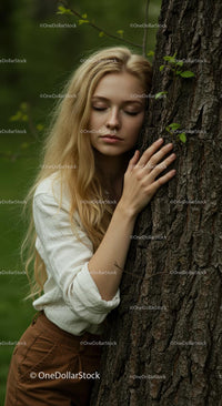 Serene Young Woman Embracing Tree in Tranquil Forest